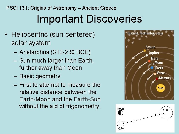 PSCI 131: Origins of Astronomy – Ancient Greece Important Discoveries • Heliocentric (sun-centered) solar