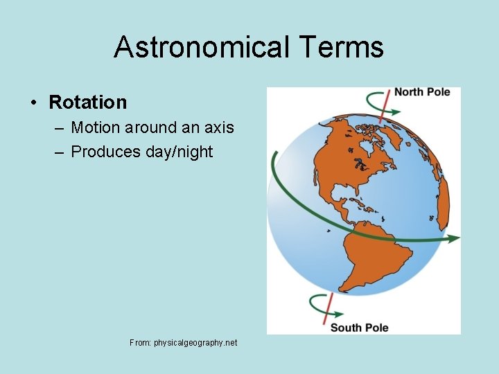Astronomical Terms • Rotation – Motion around an axis – Produces day/night From: physicalgeography.