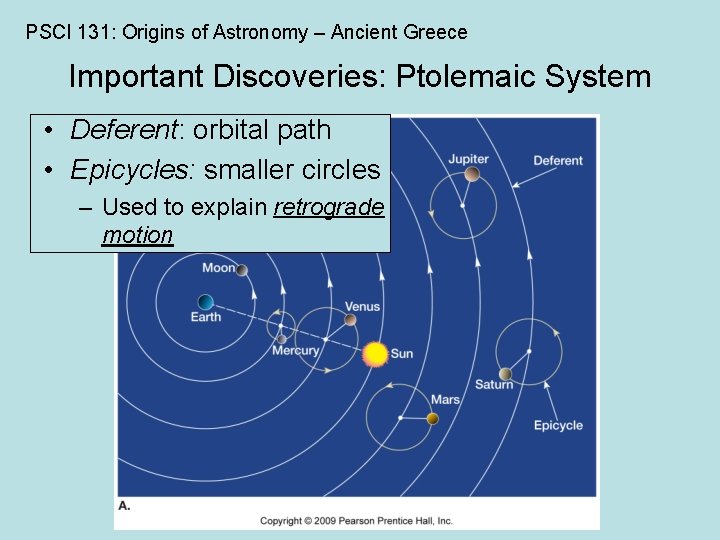 PSCI 131: Origins of Astronomy – Ancient Greece Important Discoveries: Ptolemaic System • Deferent: