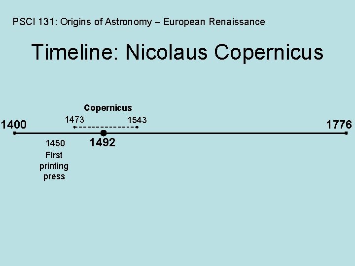 PSCI 131: Origins of Astronomy – European Renaissance Timeline: Nicolaus Copernicus 1400 Copernicus 1473