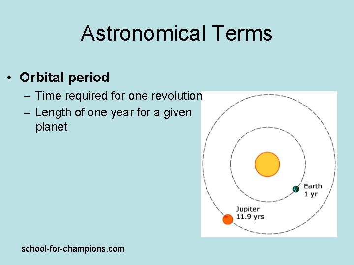 Astronomical Terms • Orbital period – Time required for one revolution – Length of