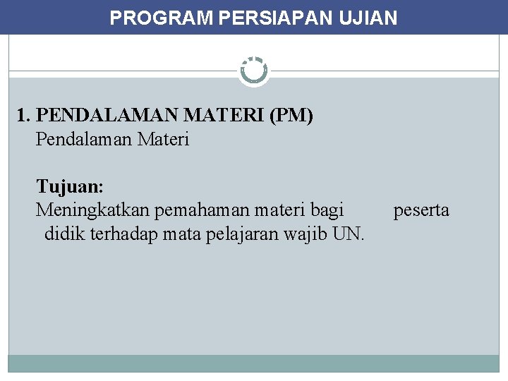 PROGRAM PERSIAPAN UJIAN KEGIATAN KHUSUS UNTUK KELAS XII 1. PENDALAMAN MATERI (PM) Pendalaman Materi