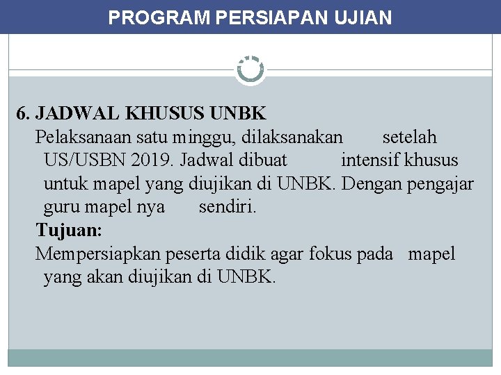 PROGRAM PERSIAPAN UJIAN KEGIATAN KHUSUS UNTUK KELAS XII 6. JADWAL KHUSUS UNBK Pelaksanaan satu