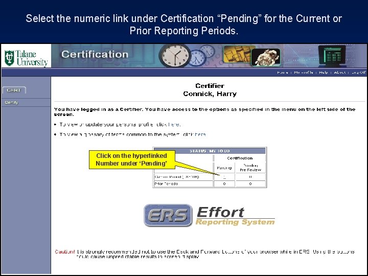 Select the numeric link under Certification “Pending” for the Current or Prior Reporting Periods.