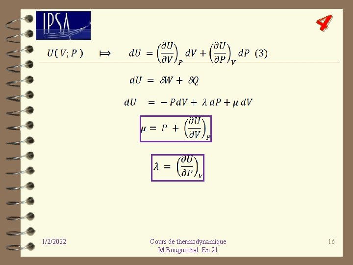 4 1/2/2022 Cours de thermodynamique M. Bouguechal En 21 16 