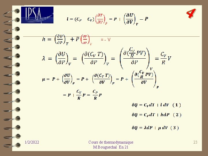 4 =-V 1/2/2022 Cours de thermodynamique M. Bouguechal En 21 23 