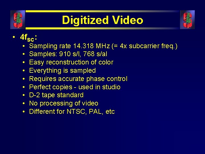 Digitized Video • 4 f. SC: • • • Sampling rate 14. 318 MHz