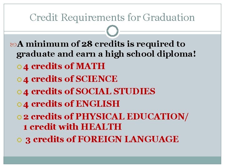 Credit Requirements for Graduation A minimum of 28 credits is required to graduate and