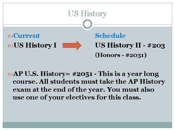US History Current US History I Schedule US History II - #203 (Honors -