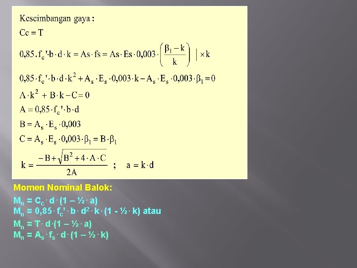 LENTUR PADA BALOK PERSEGI Tulangan Tunggal ASUMSI DASAR