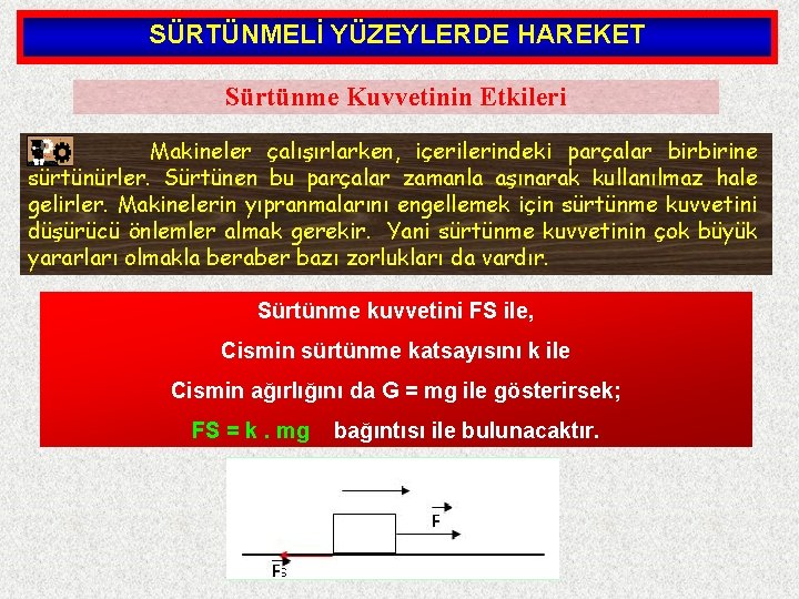 SÜRTÜNMELİ YÜZEYLERDE HAREKET Sürtünme Kuvvetinin Etkileri Makineler çalışırlarken, içerilerindeki parçalar birbirine sürtünürler. Sürtünen bu