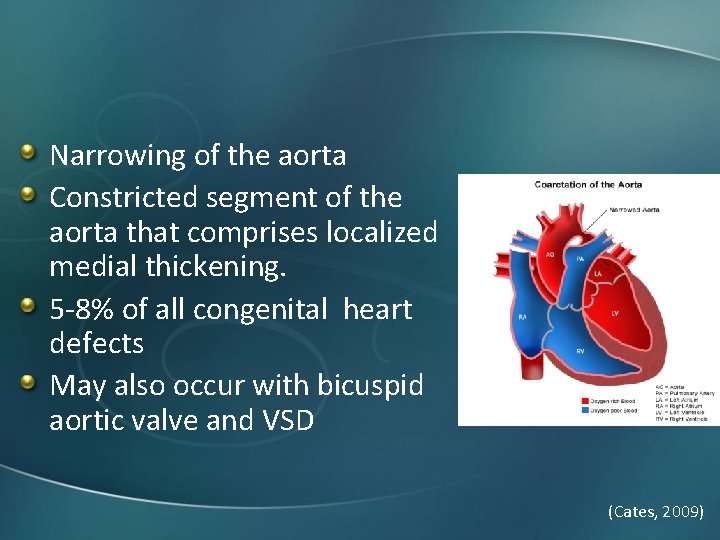 Narrowing of the aorta Constricted segment of the aorta that comprises localized medial thickening.