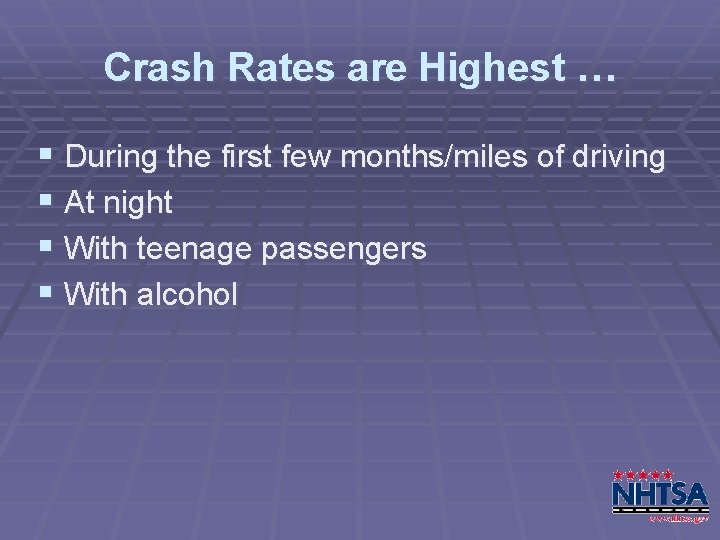 Crash Rates are Highest … § During the first few months/miles of driving §