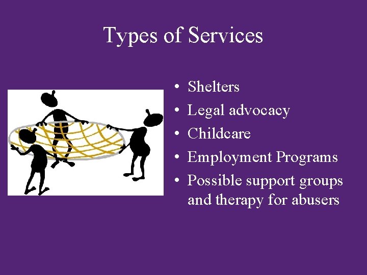 Types of Services • • • Shelters Legal advocacy Childcare Employment Programs Possible support