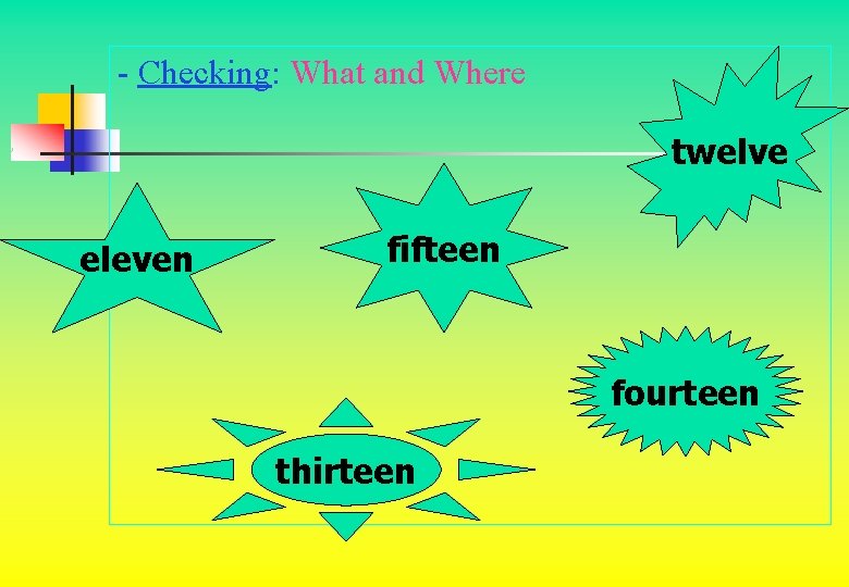 - Checking: What and Where twelve eleven fifteen fourteen thirteen 