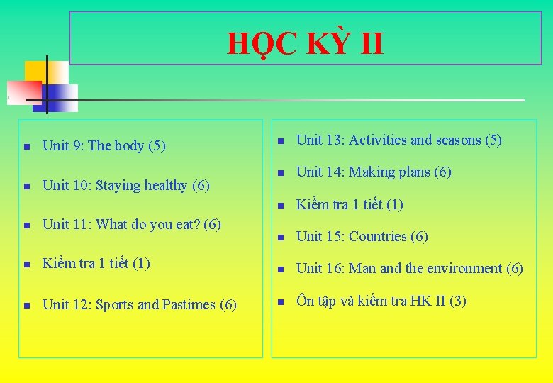 HỌC KỲ II n n n Unit 9: The body (5) Unit 10: Staying