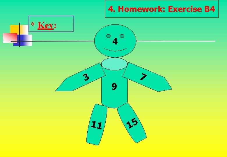 4. Homework: Exercise B 4 * Key: 4 3 7 9 11 15 