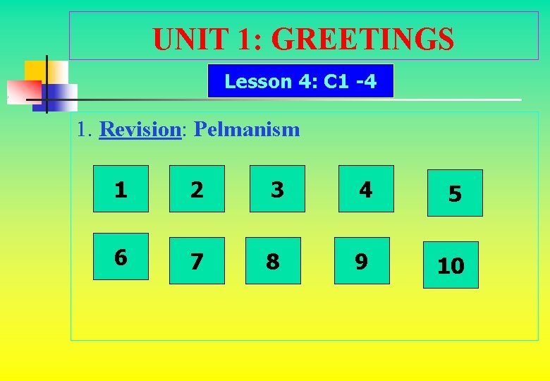 UNIT 1: GREETINGS Lesson 4: C 1 -4 1. Revision: Pelmanism 1 2 3