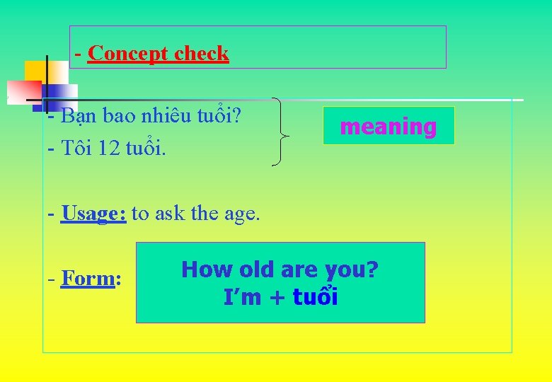 - Concept check - Bạn bao nhiêu tuổi? - Tôi 12 tuổi. meaning -