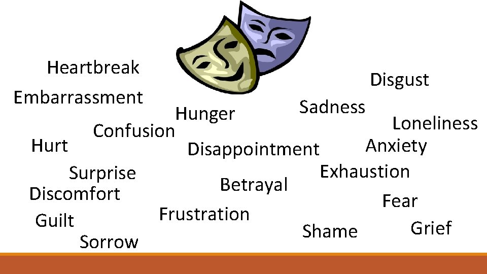 Heartbreak Embarrassment Disgust Sadness Hunger Loneliness Confusion Hurt Anxiety Disappointment Exhaustion Surprise Betrayal Discomfort