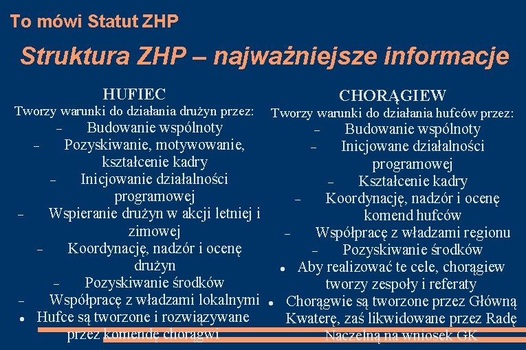 To mówi Statut ZHP Struktura ZHP – najważniejsze informacje HUFIEC Tworzy warunki do działania