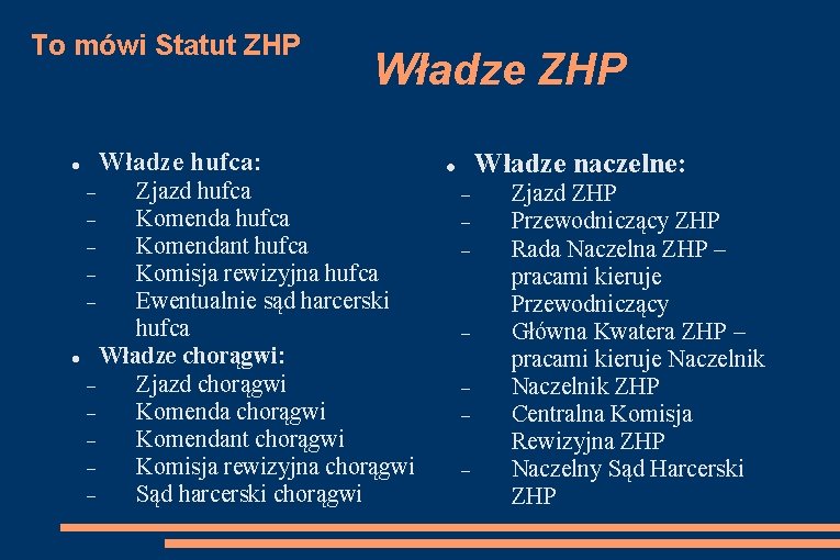 To mówi Statut ZHP Władze hufca: Zjazd hufca Komendant hufca Komisja rewizyjna hufca Ewentualnie