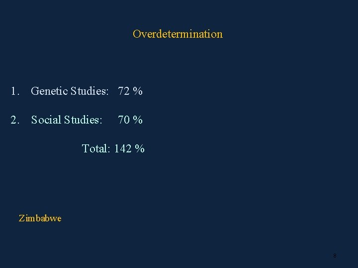 Overdetermination 1. Genetic Studies: 72 % 2. Social Studies: 70 % Total: 142 %