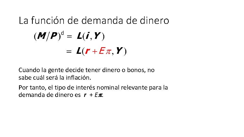 La función de demanda de dinero Cuando la gente decide tener dinero o bonos,