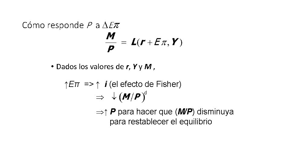 Cómo responde P a E • Dados los valores de r, Y y M