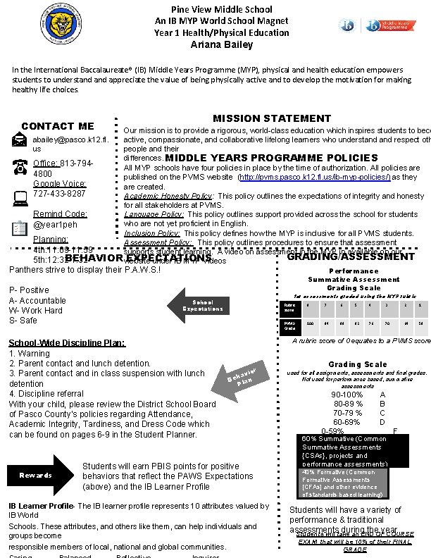 Pine View Middle School An IB MYP World School Magnet Year 1 Health/Physical Education