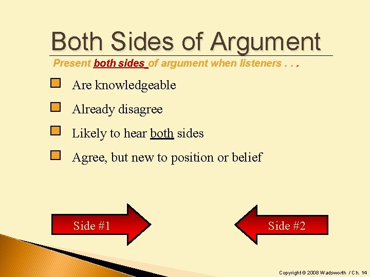 Both Sides of Argument Present both sides of argument when listeners. . . Are