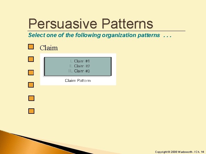 Persuasive Patterns Select one of the following organization patterns. . . Claim Copyright ©