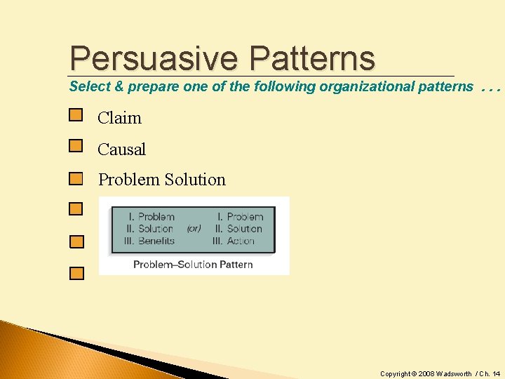 Persuasive Patterns Select & prepare one of the following organizational patterns. . . Claim