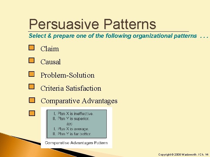 Persuasive Patterns Select & prepare one of the following organizational patterns. . . Claim