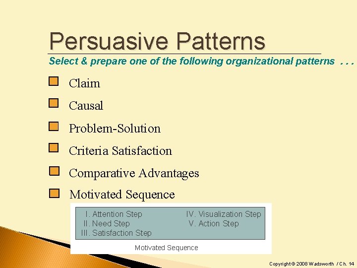 Persuasive Patterns Select & prepare one of the following organizational patterns. . . Claim