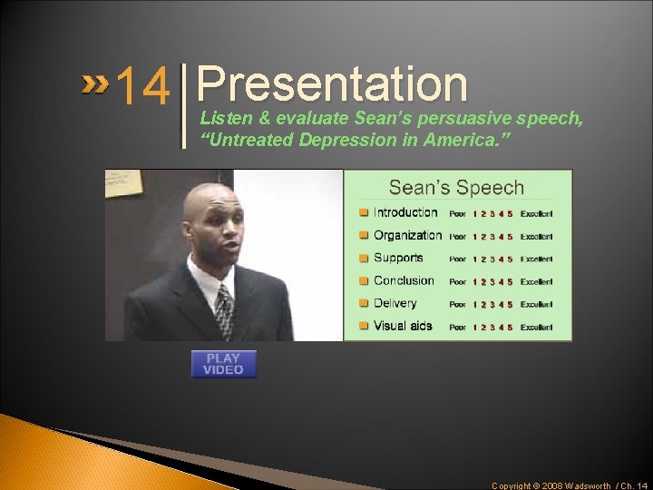 14 Presentation Listen & evaluate Sean’s persuasive speech, “Untreated Depression in America. ” Copyright