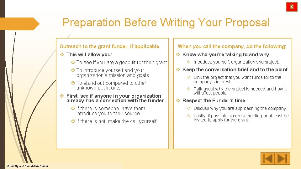 Preparation Before Writing Your Proposal Outreach to the grant funder, if applicable. This will