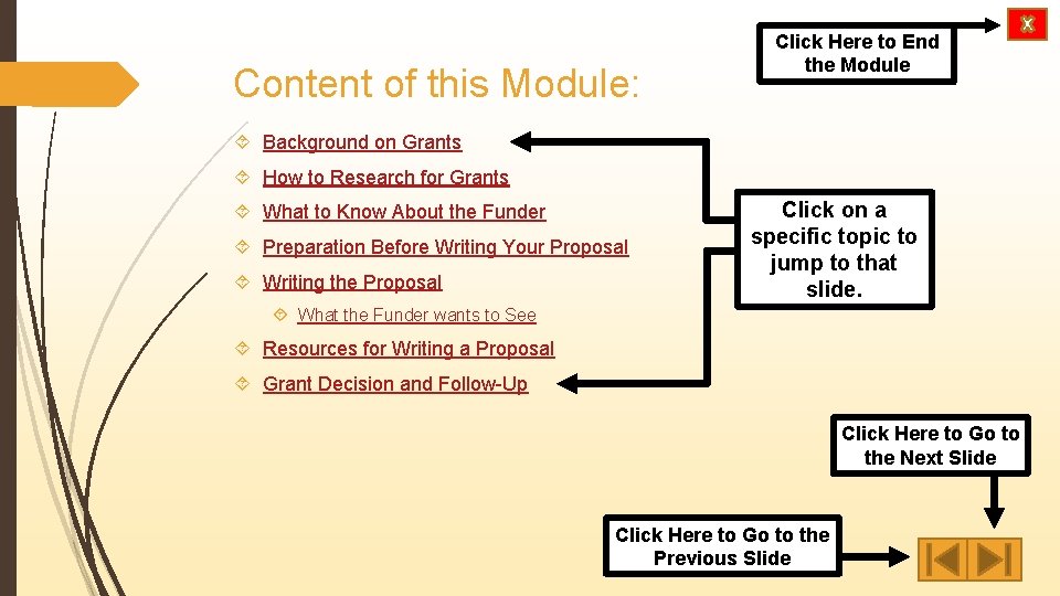 Content of this Module: Click Here to End the Module Background on Grants How