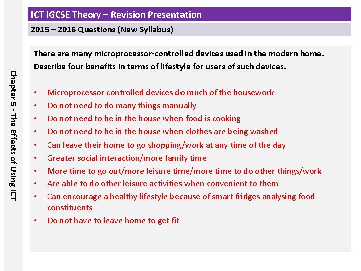 ICT IGCSE Theory – Revision Presentation 2015 – 2016 Questions (New Syllabus) Chapter 5