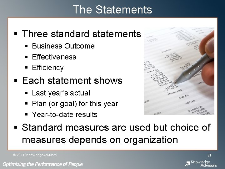 The Statements § Three standard statements § Business Outcome § Effectiveness § Efficiency § The Statements § Three standard statements § Business Outcome § Effectiveness § Efficiency §