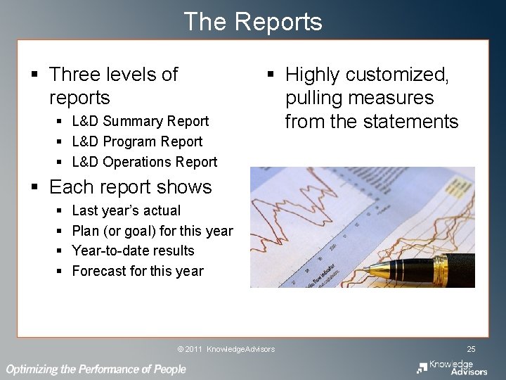 The Reports § Three levels of reports § L&D Summary Report § L&D Program The Reports § Three levels of reports § L&D Summary Report § L&D Program