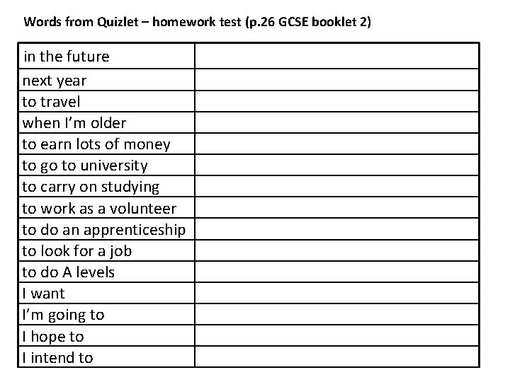 Words from Quizlet – homework test (p. 26 GCSE booklet 2) in the future