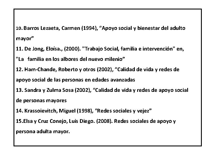 10. Barros Lezaeta, Carmen (1994), “Apoyo social y bienestar del adulto mayor” 11. De