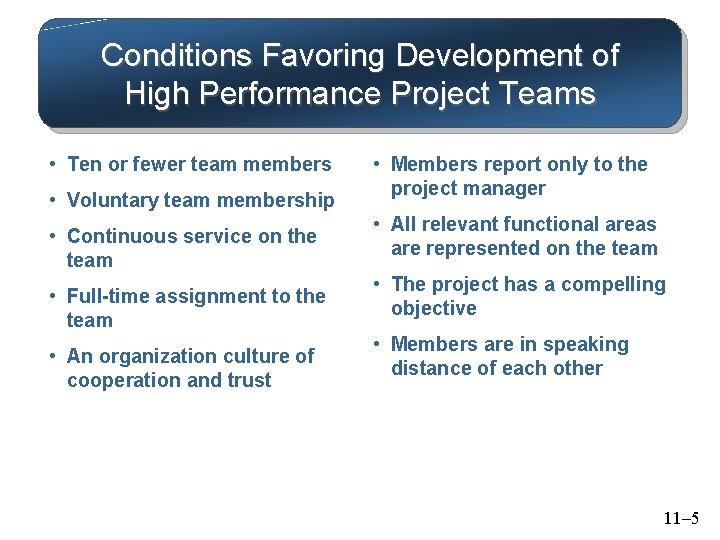 Conditions Favoring Development of High Performance Project Teams • Ten or fewer team members