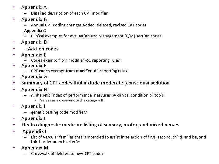  • Appendix A – Detailed description of each CPT modifier • Appendix B