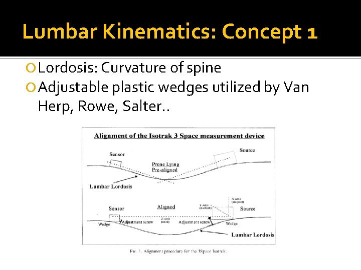 Lumbar Kinematics: Concept 1 Lordosis: Curvature of spine Adjustable plastic wedges utilized by Van