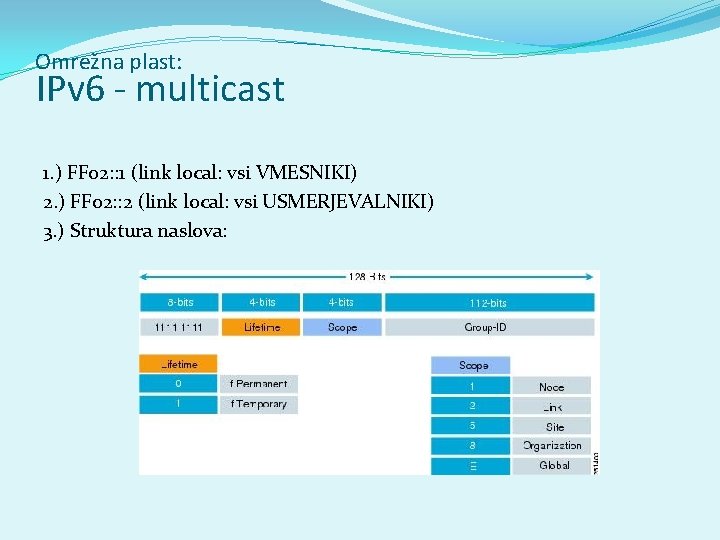 Omrežna plast: IPv 6 - multicast 1. ) FF 02: : 1 (link local: