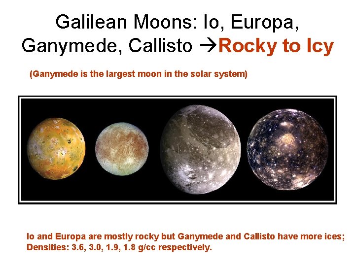 Galilean Moons: Io, Europa, Ganymede, Callisto Rocky to Icy (Ganymede is the largest moon