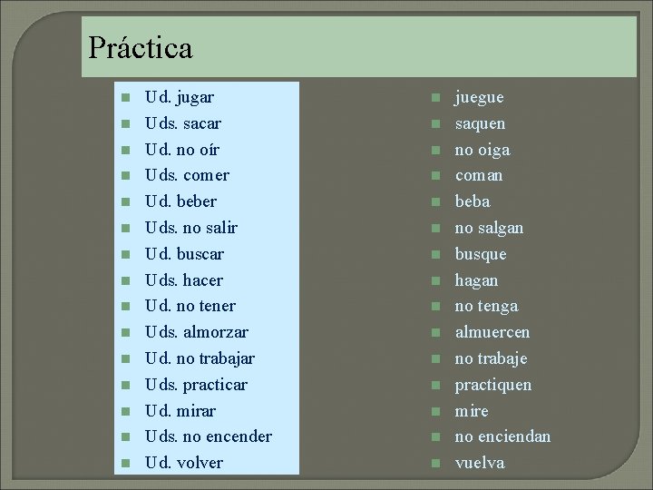 Práctica n n n n Ud. jugar Uds. sacar Ud. no oír Uds. comer