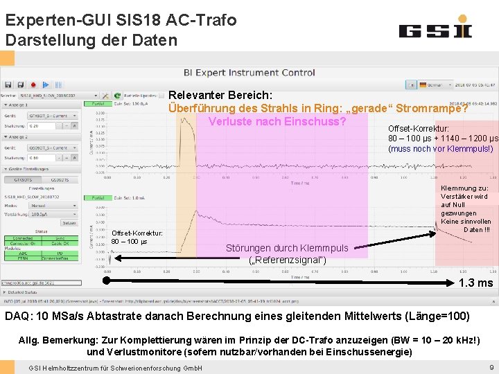 Experten-GUI SIS 18 AC-Trafo Darstellung der Daten Relevanter Bereich: Überführung des Strahls in Ring: